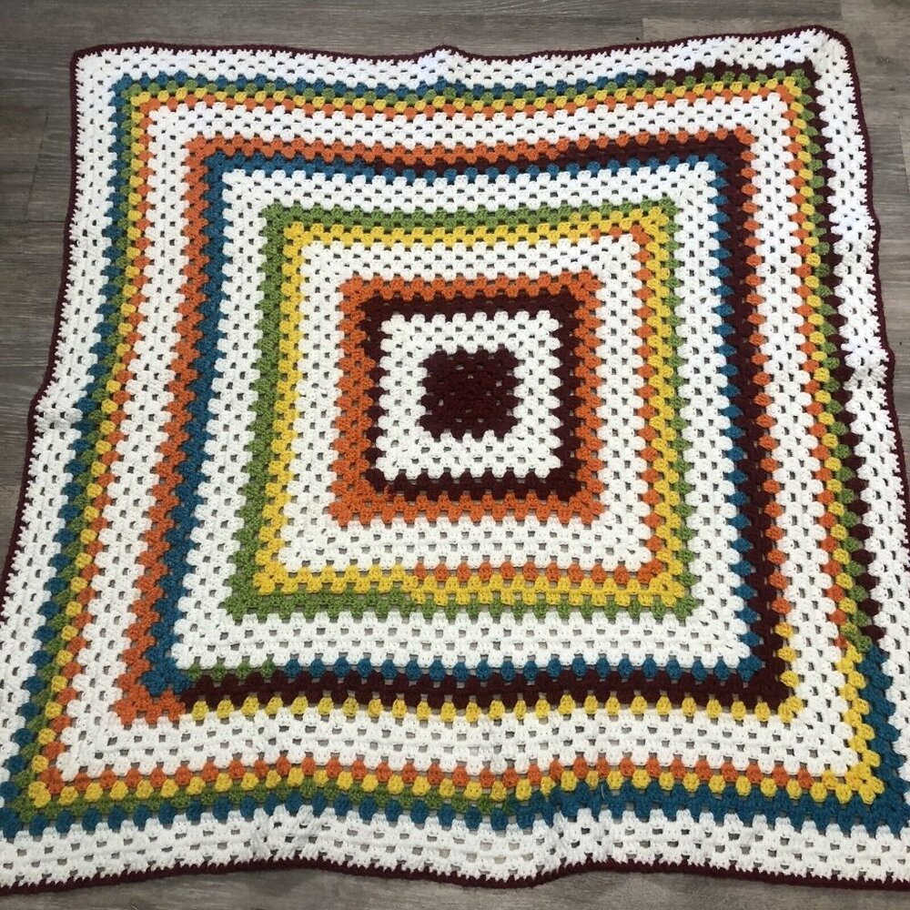 Hand Crochet Square Afghan Throw Blanket Multi Color Bright 44 “ X 44 “ Granny